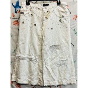 ABS Collection White Wide-Leg Distressed Capri Pants Coin & Stud Charms Size 28